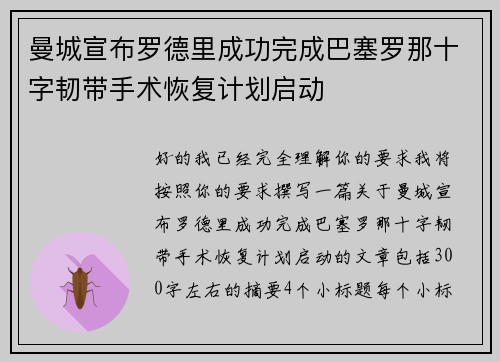 曼城宣布罗德里成功完成巴塞罗那十字韧带手术恢复计划启动 曼城宣布罗德里成功完成巴塞罗那十字韧带手术恢复计划启动